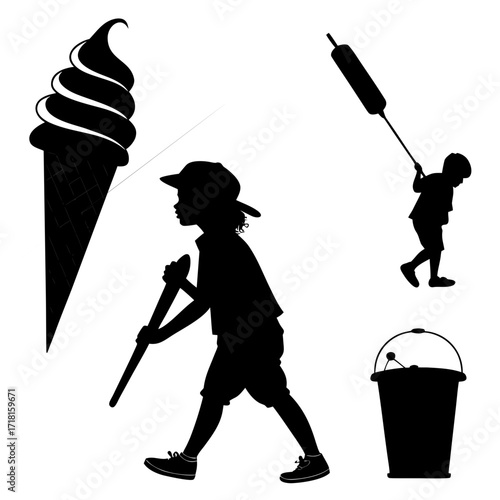 Silhouette of children playing with ice cream and water toys