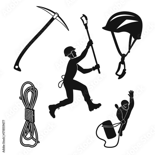 Silhouette of climber and mountaineering equipment Keywords: climbing, mountaineering, ice axe
