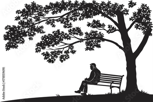 Silhouette of a person sitting on a bench under a large tree