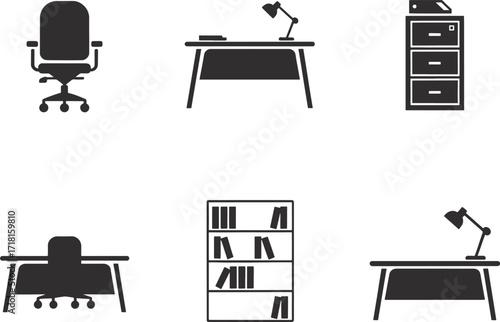 Office furniture vector set icons, chair, desk, lamp, meeting table, cabinet, bookshelf, workplace silhouette illustration