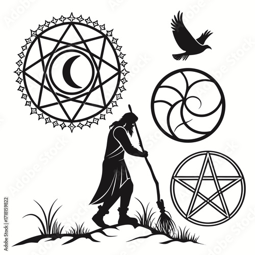 Silhouette of wizard with broom and occult symbols on white background
