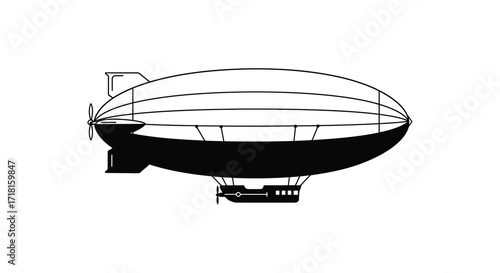 Simple black and white illustration of a classic airship floating gracefully
