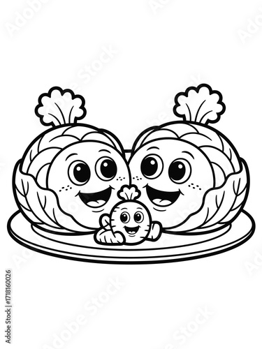 Cute cartoon family of cabbages on a plate with happy faces