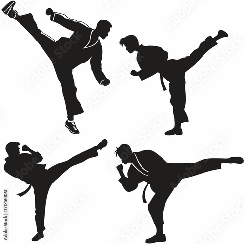Silhouettes of Four Martial Artists in Combat Poses