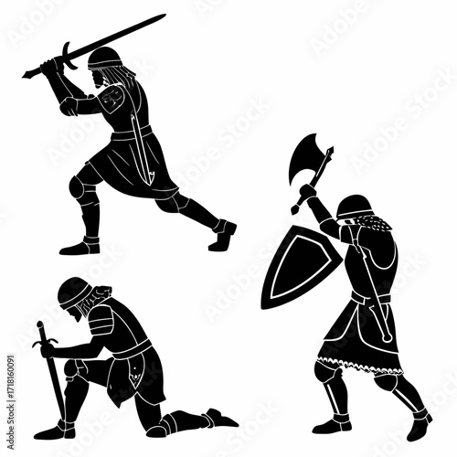 Silhouettes of medieval warriors with swords, axe, and shields