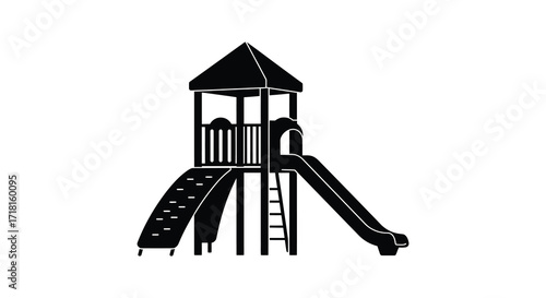 A black and white illustration of a playground structure with a slide