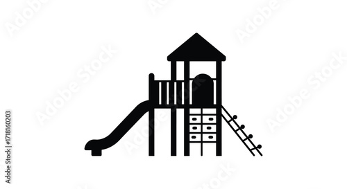 Simple black and white illustration of a playground slide and tower