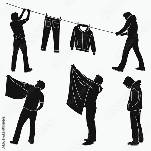 Silhouettes of people interacting with clothes on a clothesline