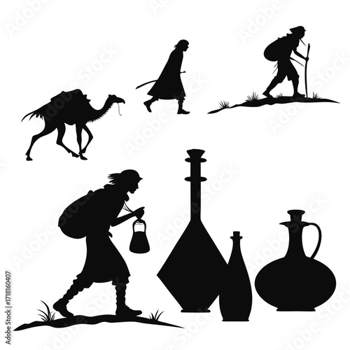 Silhouettes of travelers, a camel, and desert bottles