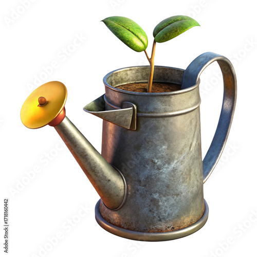 Metal watering can with green sprout isolated on a transparent background galvanized
