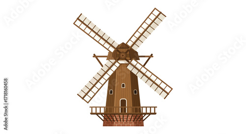 A detailed illustration of a traditional brown windmill with rotating blades