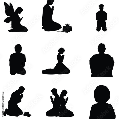 Silhouette illustrations depict diverse figures in prayer conveying themes of faith spirituality and devotion in various poses and settings