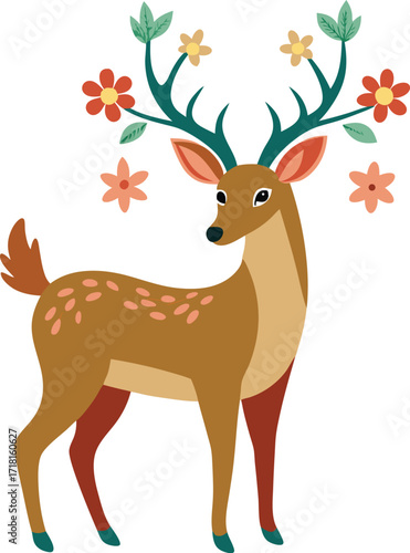Whimsical Deer Illustration with Floral Antlers Standing on White Background