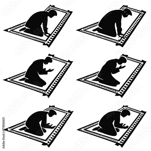 Six Silhouettes of a Man Praying on a Prayer Rug Keywords: islam, prayer, muslim, man