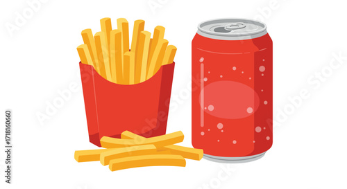 Cartoon illustration of french fries in a red container with a soda can