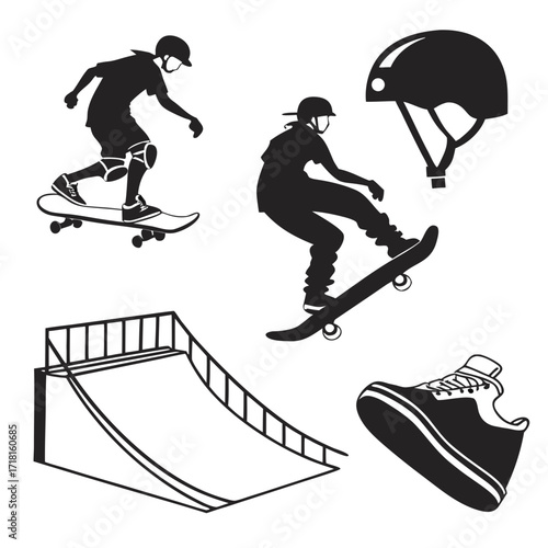 Skateboarder And Skateboarding Equipment Silhouettes Keywords: skateboard, skateboarding, skater