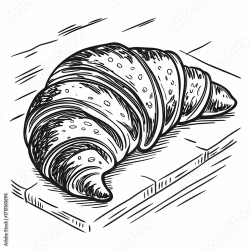 Detailed sketch of a croissant on a wooden board