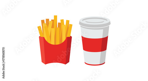 Simple illustration depicting french fries in a red carton and a soda