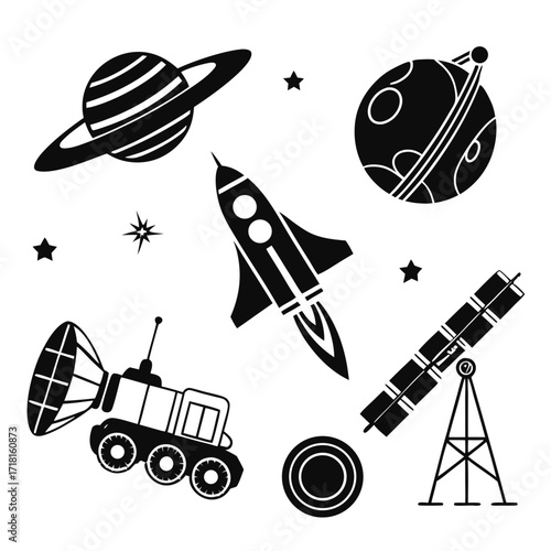 Space exploration icons with planets and rocket saturn