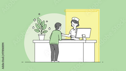 A patient interacting with a nurse at a hospital reception desk.