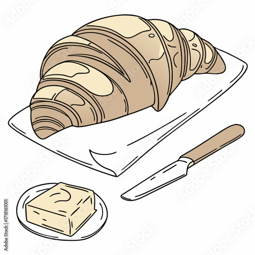 Croissant with butter and knife, breakfast time