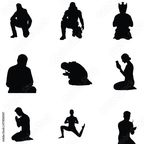 Diverse group of kneeling figures in silhouette showcasing various poses of prayer meditation and reflection against a white background