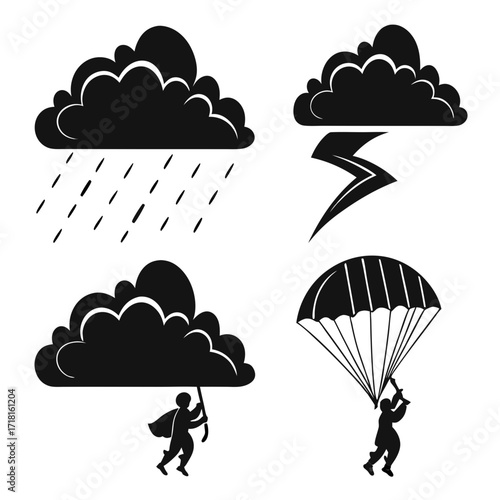 Stormy Weather Icons Including Parachuting Person cloud
