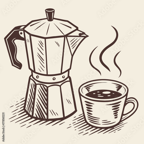 Classic moka pot and steaming cup of coffee