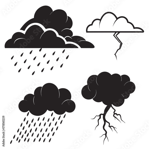 Stormy Weather Icons With Rain Lightning And Clouds