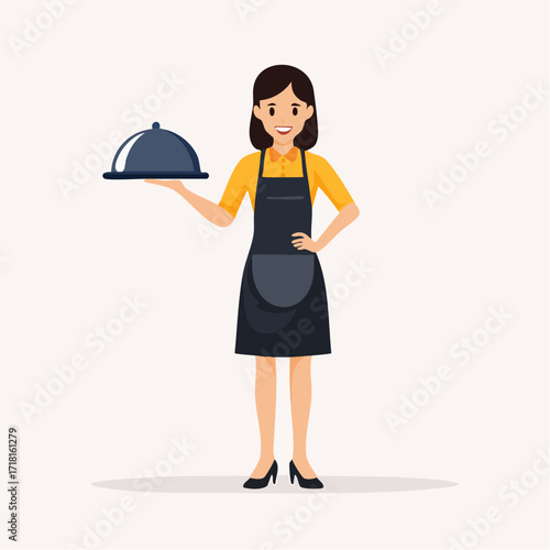 A smiling cartoon waitress in a black apron holds a silver serving cloche on a tray.