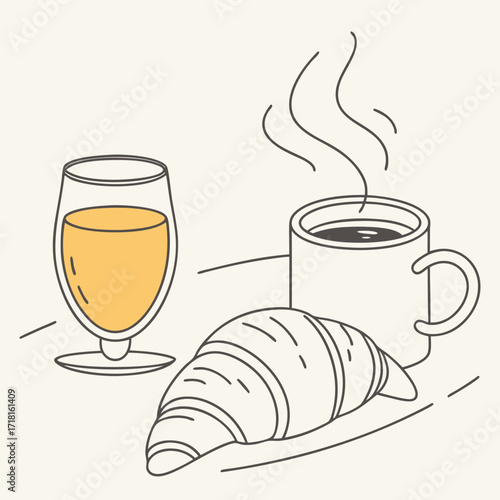 Breakfast still life featuring croissant, coffee, and juice on a light surface