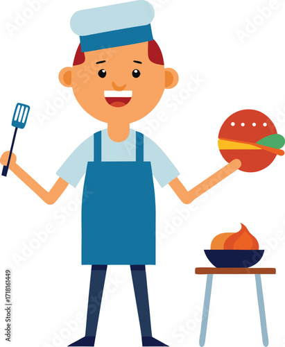 Cartoon chef holding burger and spatula with ingredients on a table