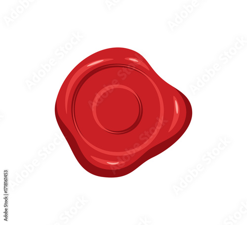Red wax seal isolated on white background. Classic round sealing stamp with textured surface, symbol of authenticity