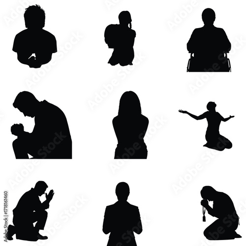 Diverse group of people in silhouette praying meditating and seeking spiritual guidance and comfort in various poses and positions