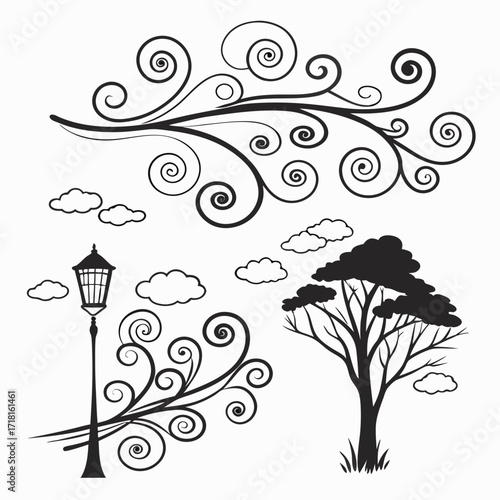Swirling Branch Street Lamp Silhouette and Tree on White
