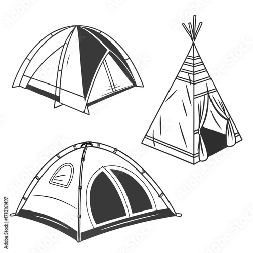 Three Camping Tents in Outline and Silhouette Style