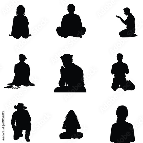 Collection of diverse silhouettes showing people in various poses of prayer meditation and contemplation against a clean white background