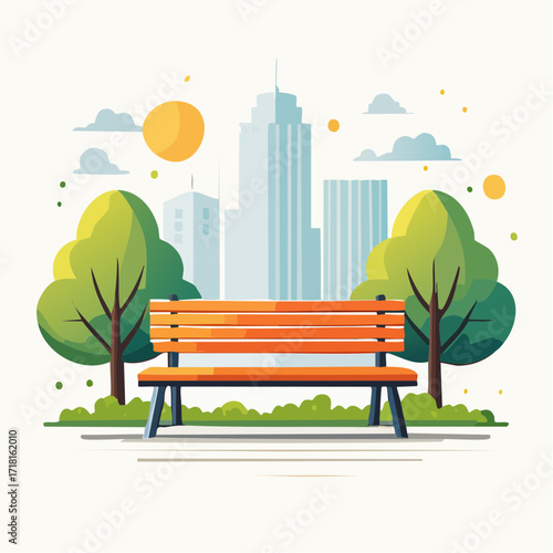 Park bench in a city park with trees and skyscrapers in the background.