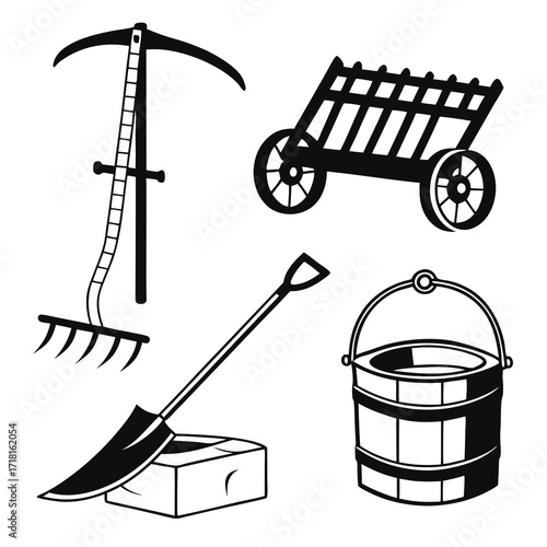Vintage Farm Tools and Equipment Silhouettes Keywords: farm, tools, equipment, agriculture