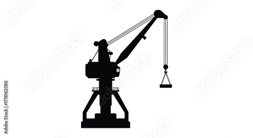 Simple black silhouette of a port harbor crane with hanging hook