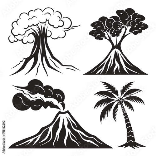 Volcanoes, Trees, and Palm Tree Illustrations eruption