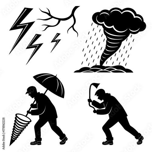 Weather disaster icons with people and tools Keywords: weather, storm, lightning, rain, tornado