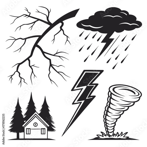 Weather and Natural Disaster Icons Set Keywords: storm, lightning, rain, tornado, hurricane