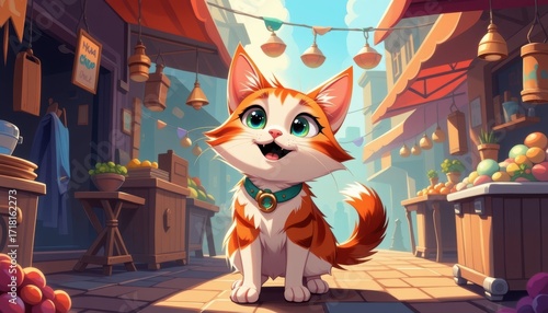 Quirky Cat in Vibrant Market Urban Setting Character Illustration Whimsical Environment Playful Perspective
