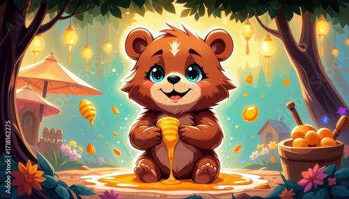 Quirky Bear Enjoys Honey in Enchanted Forest Cute Illustration Whimsical Atmosphere Playful Perspective