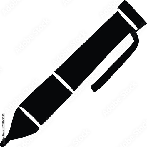 Simple black silhouette icon of a ballpoint pen symbolizing writing creativity and office supplies