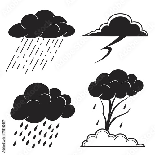 Weather icons with rain lightning and tree Keywords: weather, icon, rain, storm, lightning