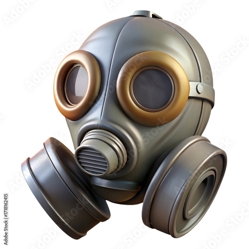 Metallic gas mask with gold accents isolated on a transparent background protection respirator