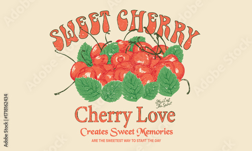 Sweet cherry painting. Cherry fruit print. Cherry love. Organic food artwork for for t-shirt.	