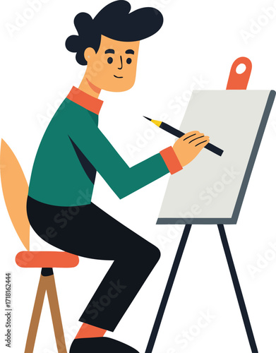 Cartoon artist drawing on easel with pencil in studio illustration